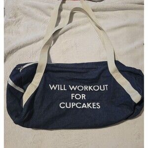 Will Workout For Cupcakes Denim Blue Duffel Gym Travel Bag Carry On Zip Close